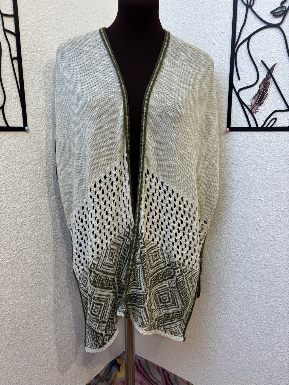 Say What? Olive and Cream Open-Front Knit Cardigan. Size L